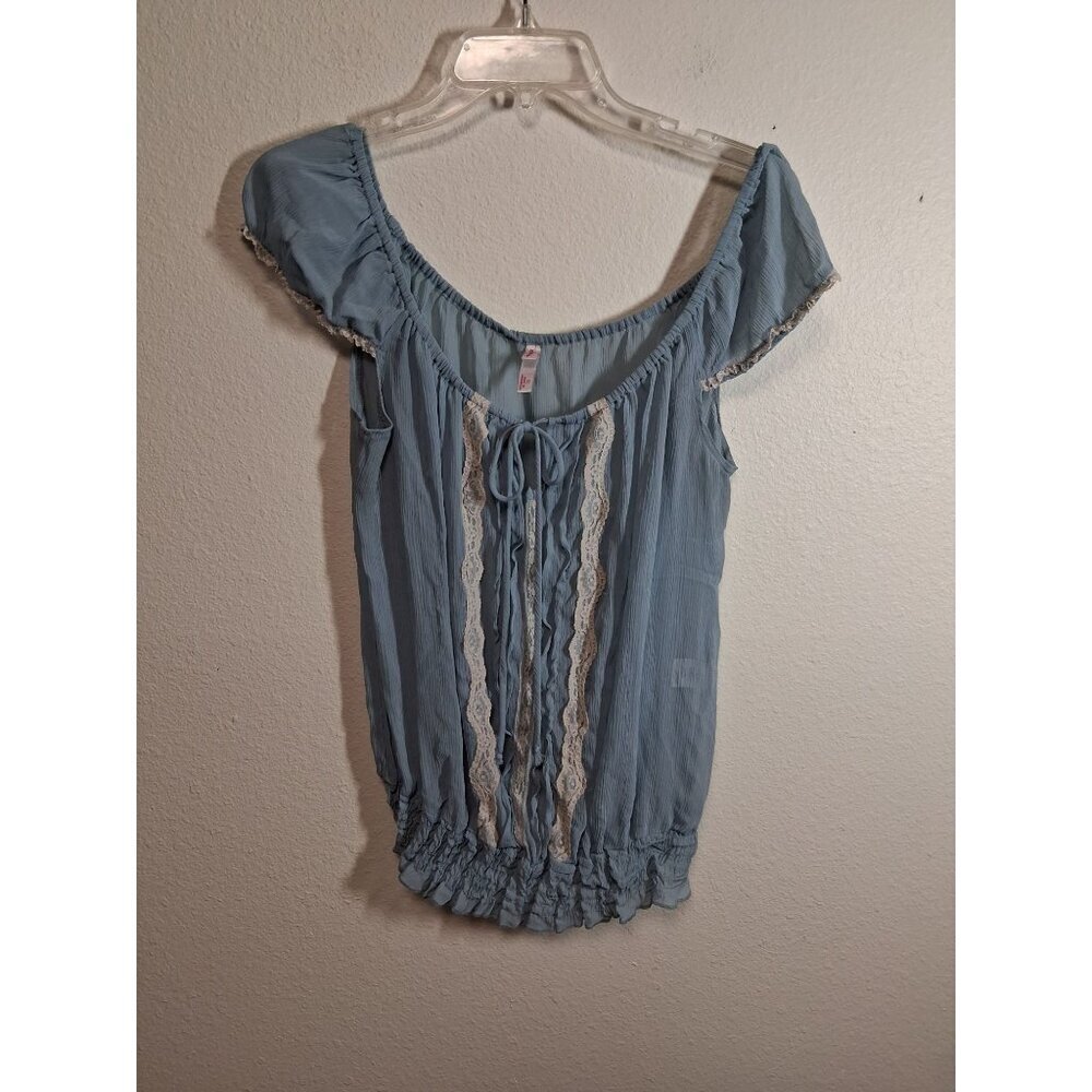 Xhilaration Blouse Boho Sheer Business Casual Cottage Fairy Lace Blue Sz XL AK11